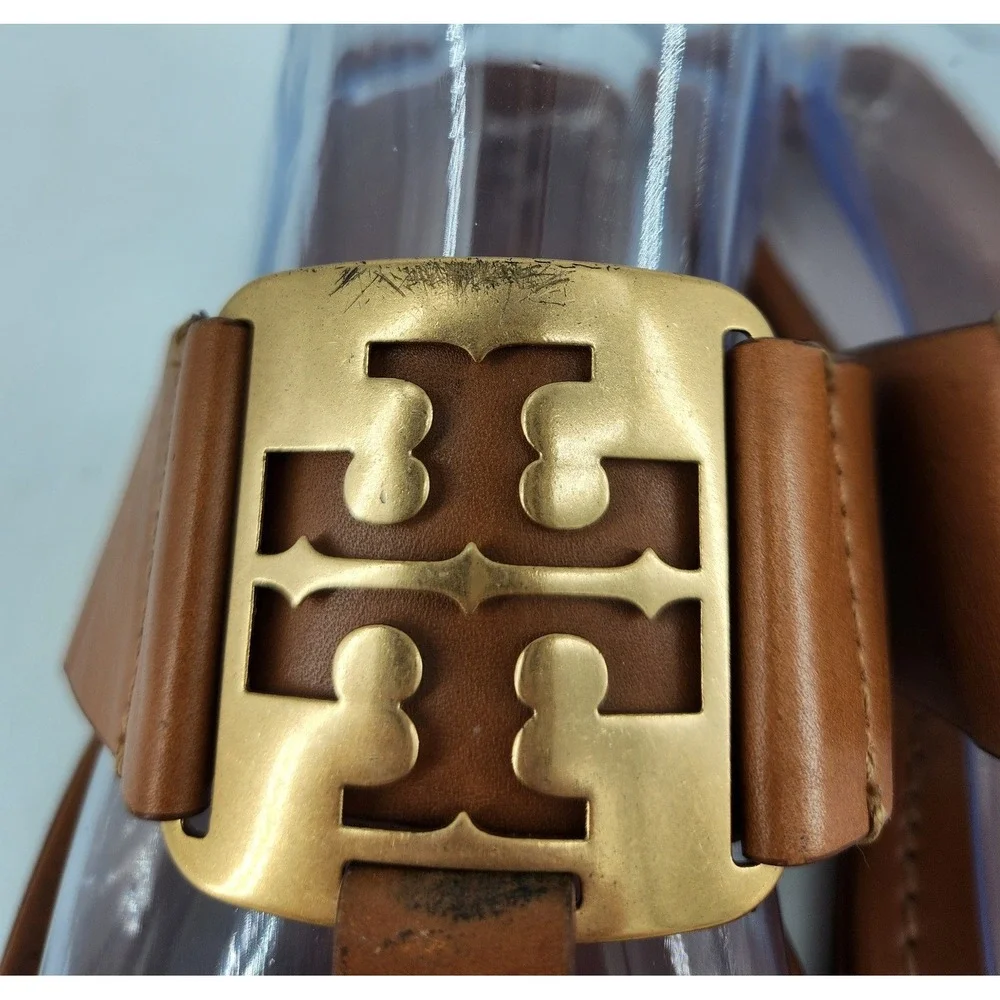 Tory Burch Georgia Sandals Womens 9.5 Tan Brown Gold Logo‎ Thong Flat 84937